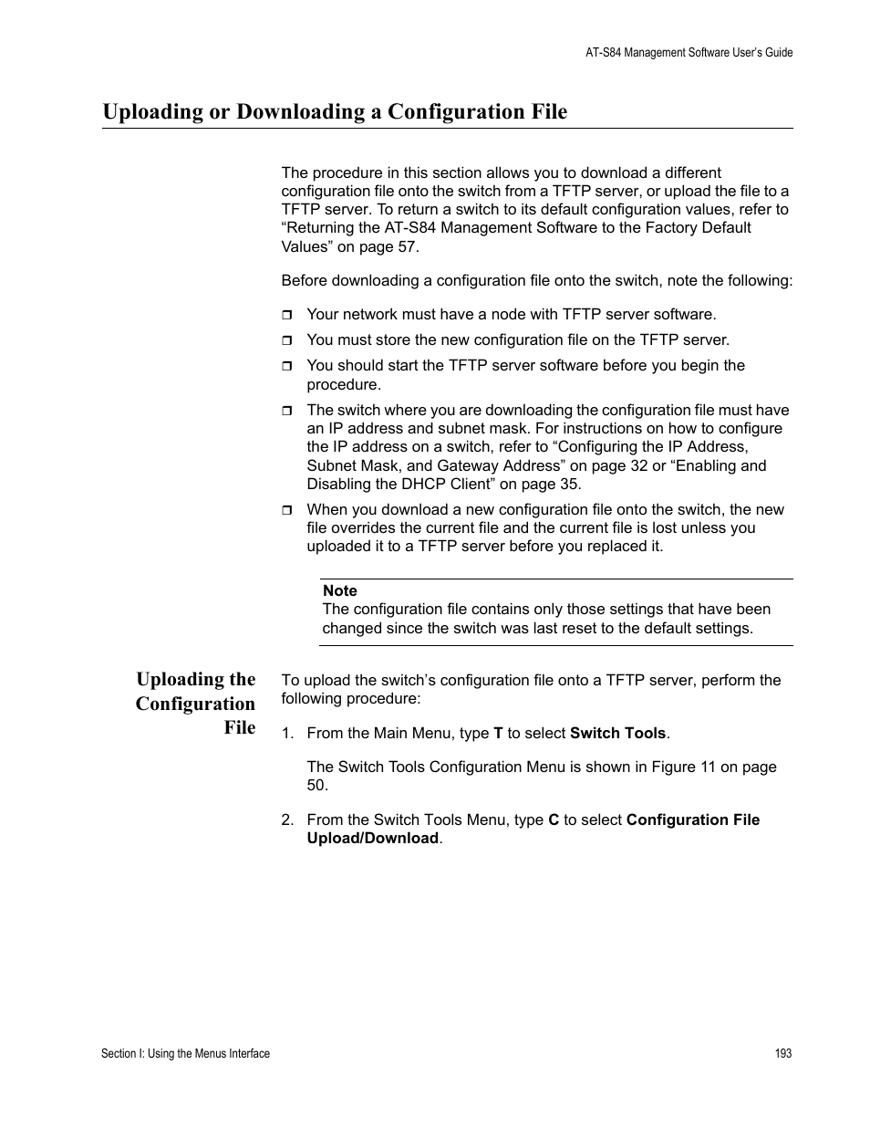 Uploading or downloading a configuration file, Uploading the configuration file | Allied Telesis AT-S84 User Manual | Page 193 / 334