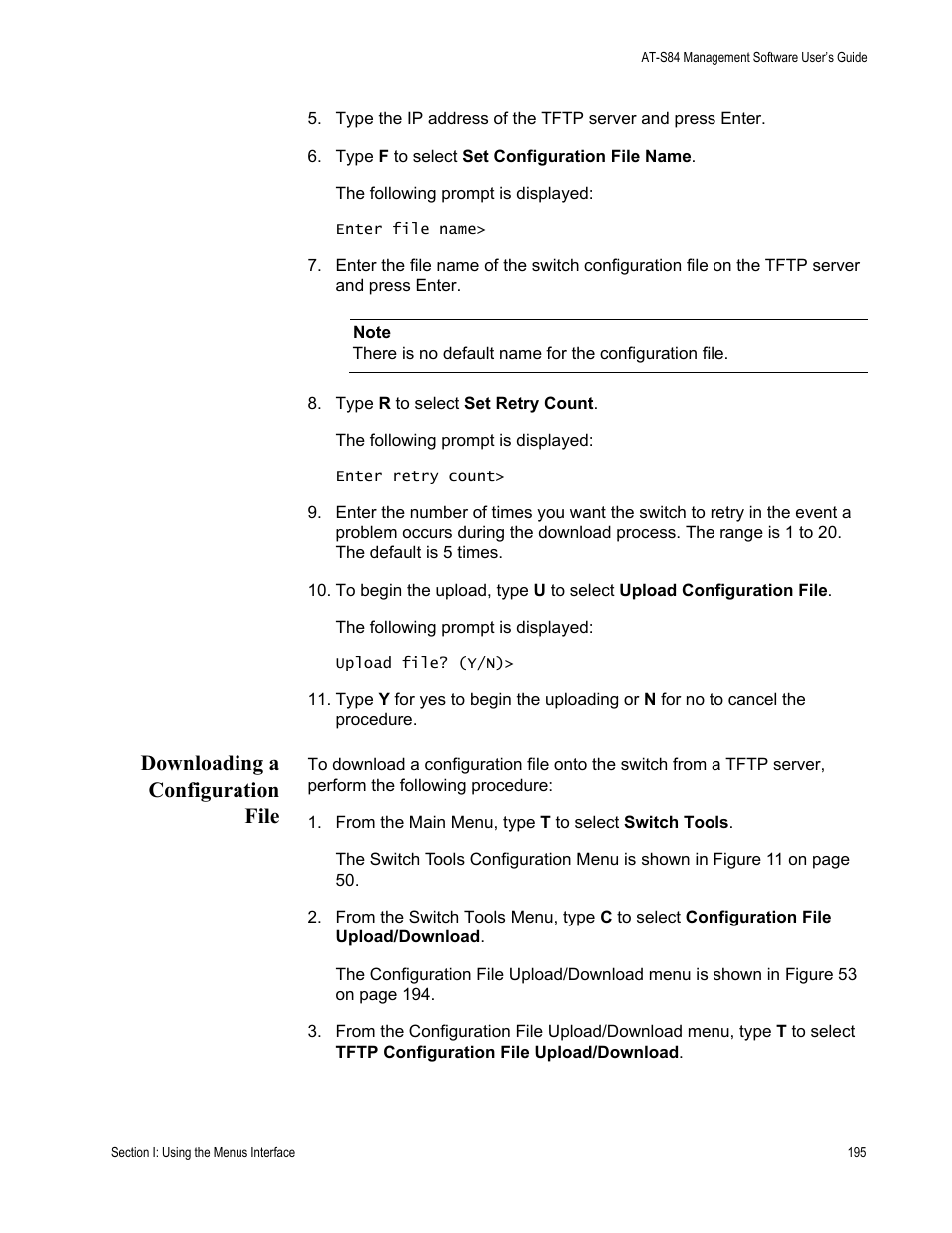 Downloading a configuration file | Allied Telesis AT-S84 User Manual | Page 195 / 334