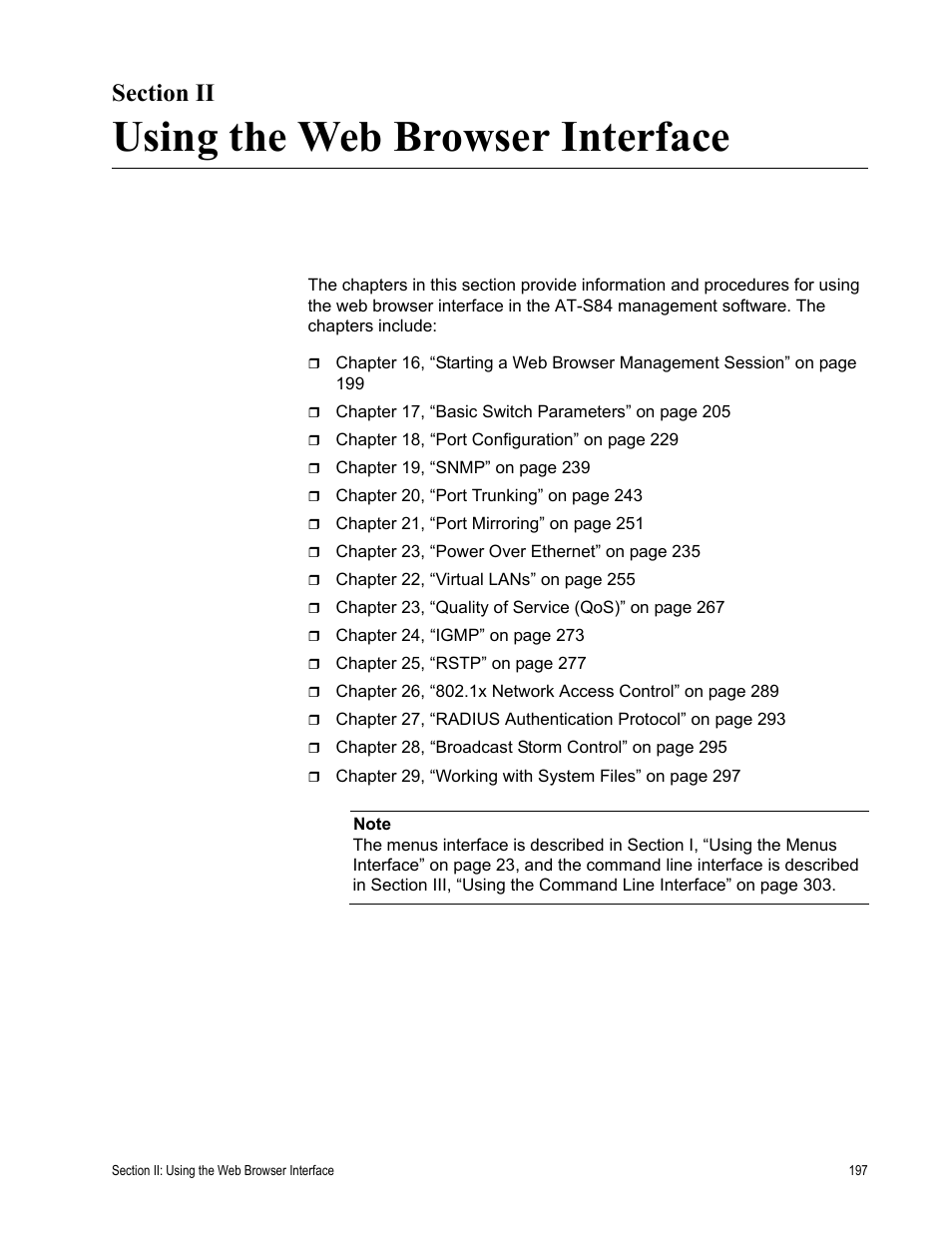 Section ii, Using the web browser interface, Section ii: using the web browser interface | Allied Telesis AT-S84 User Manual | Page 197 / 334