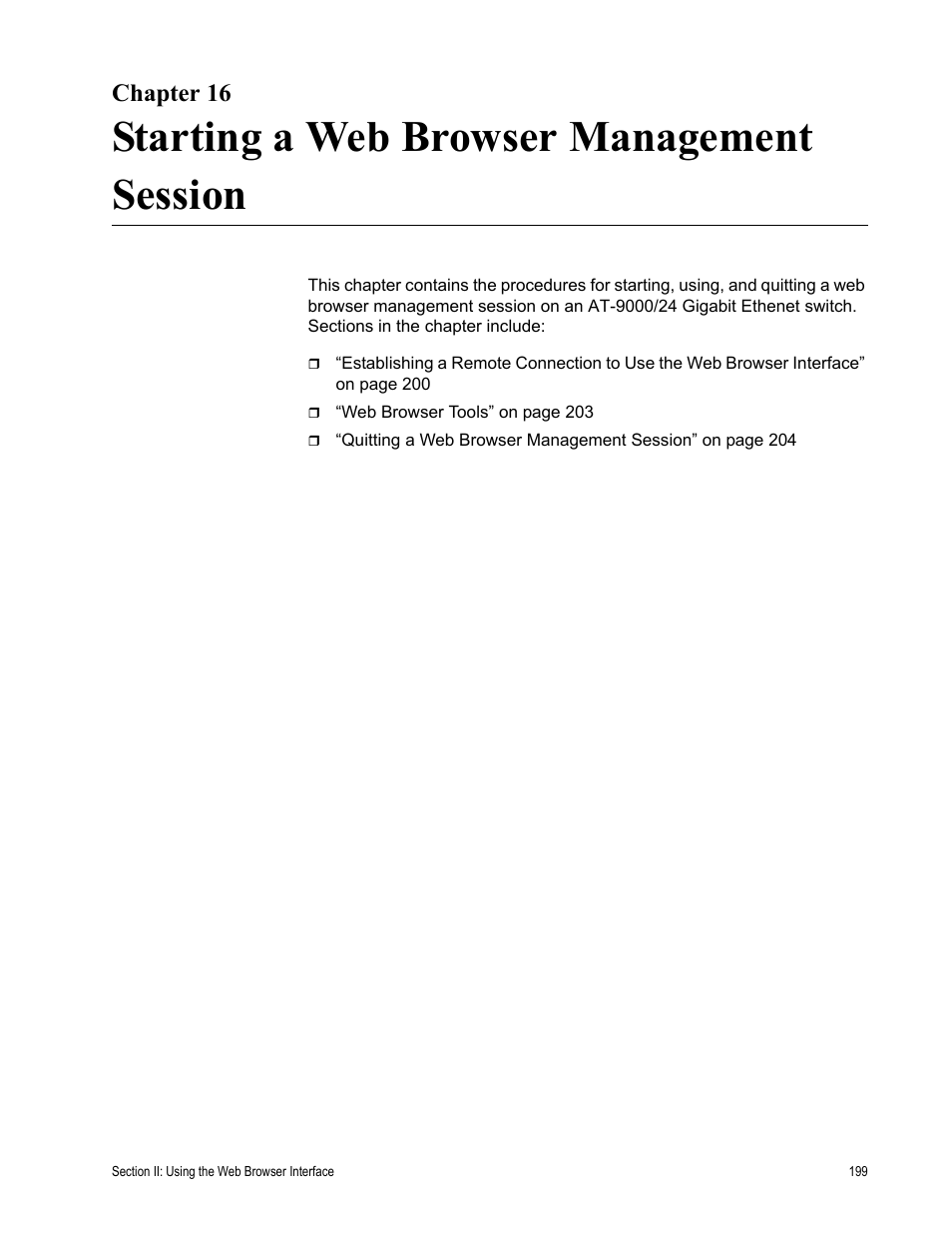 Chapter 16, Starting a web browser management session | Allied Telesis AT-S84 User Manual | Page 199 / 334