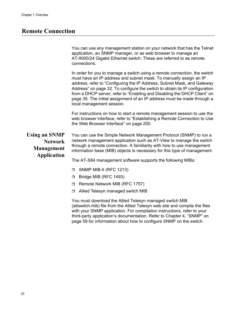 Remote connection, Using an snmp network management application | Allied Telesis AT-S84 User Manual | Page 20 / 334