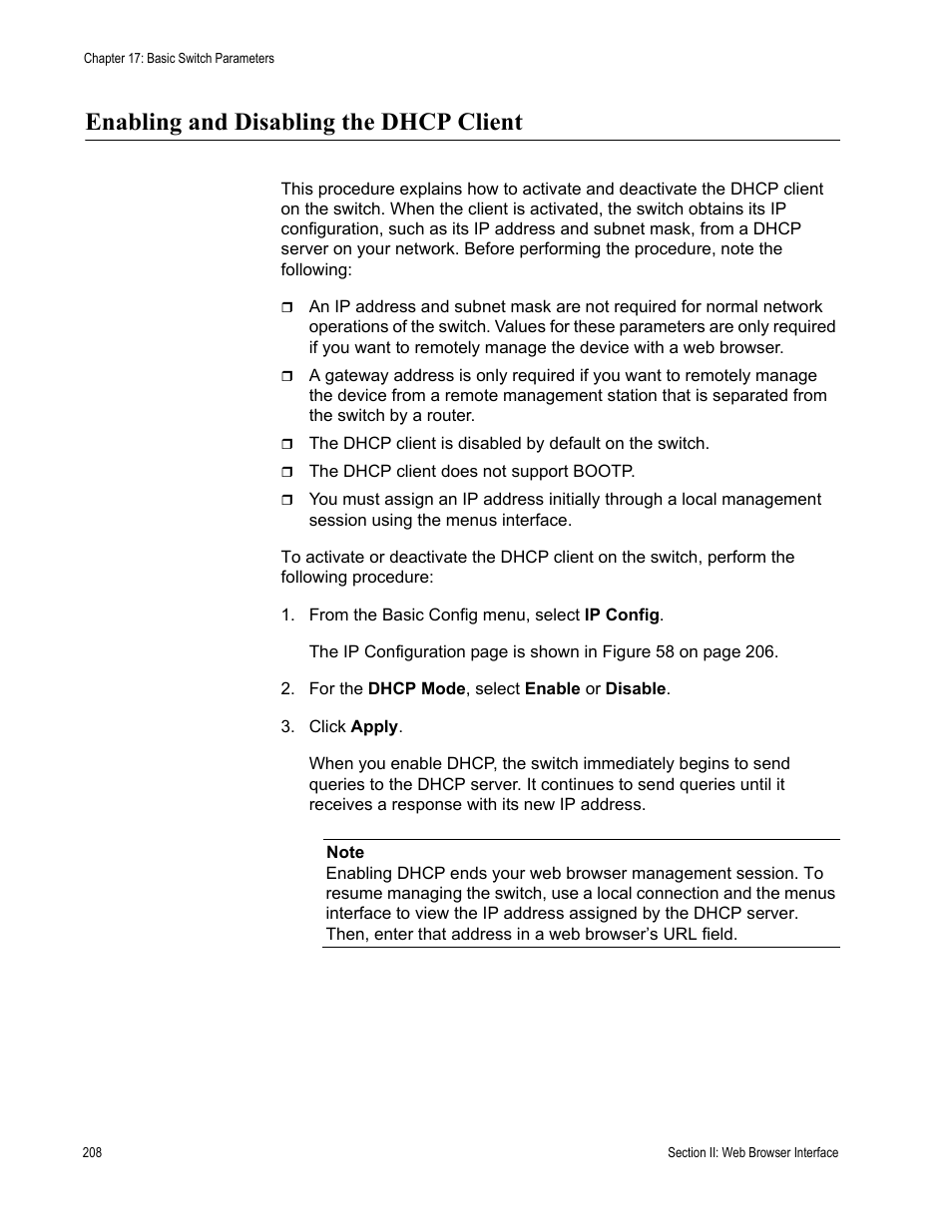 Enabling and disabling the dhcp client | Allied Telesis AT-S84 User Manual | Page 208 / 334