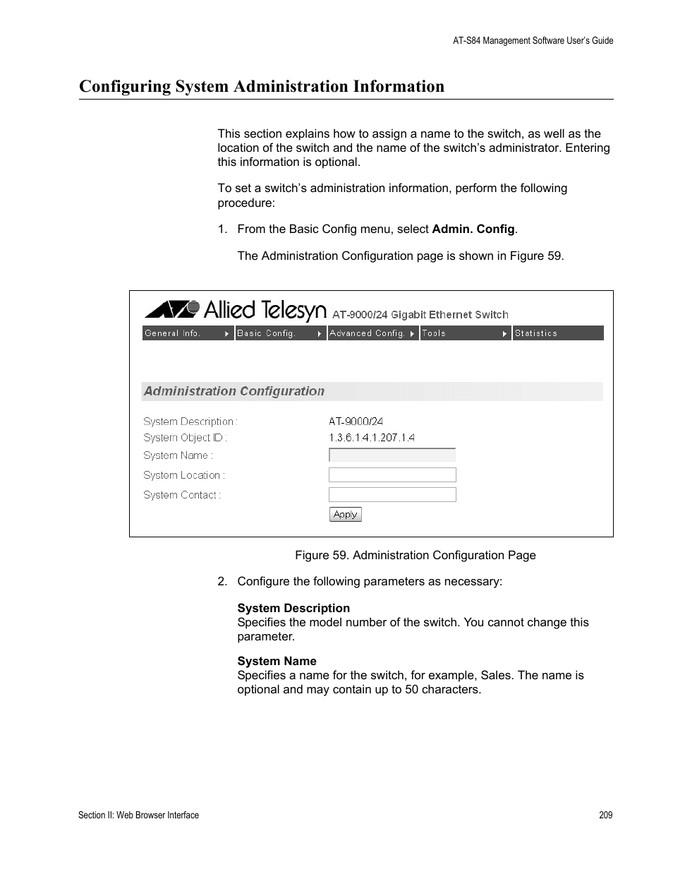 Configuring system administration information | Allied Telesis AT-S84 User Manual | Page 209 / 334