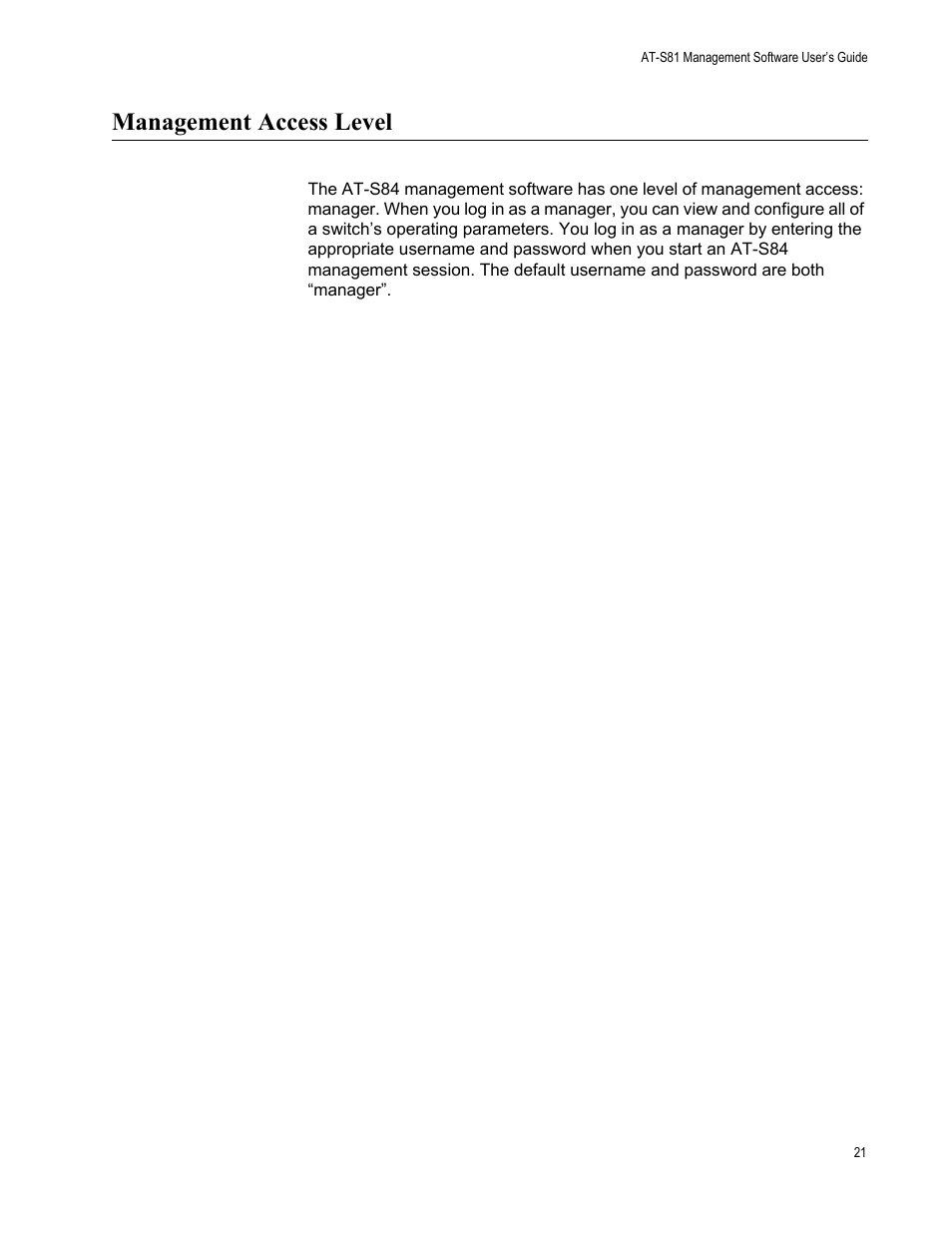 Management access level | Allied Telesis AT-S84 User Manual | Page 21 / 334