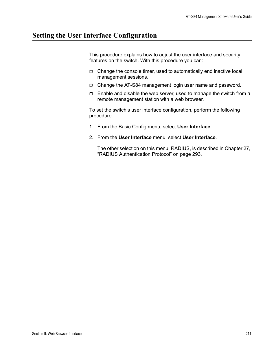 Setting the user interface configuration | Allied Telesis AT-S84 User Manual | Page 211 / 334