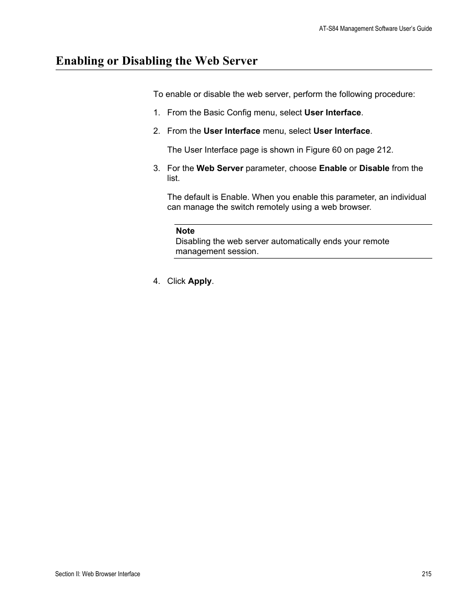 Enabling or disabling the web server | Allied Telesis AT-S84 User Manual | Page 215 / 334