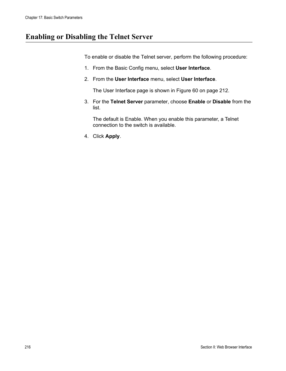 Enabling or disabling the telnet server | Allied Telesis AT-S84 User Manual | Page 216 / 334