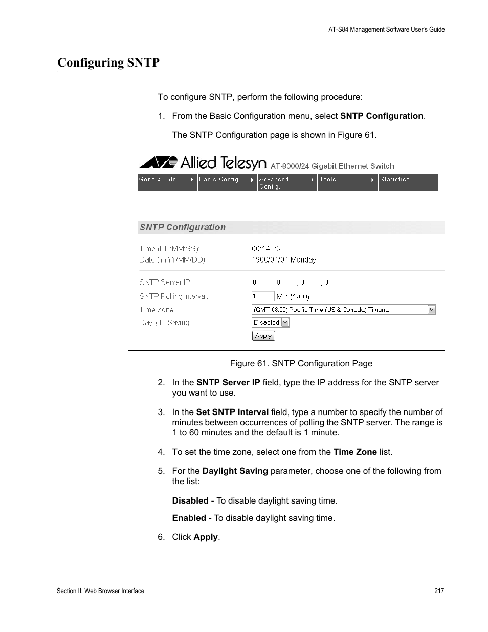 Configuring sntp | Allied Telesis AT-S84 User Manual | Page 217 / 334