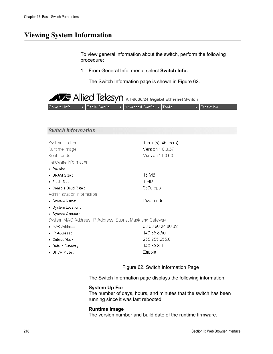 Viewing system information | Allied Telesis AT-S84 User Manual | Page 218 / 334