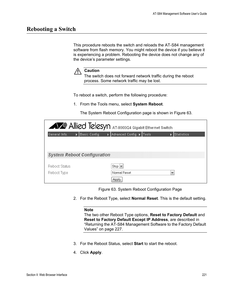 Rebooting a switch | Allied Telesis AT-S84 User Manual | Page 221 / 334