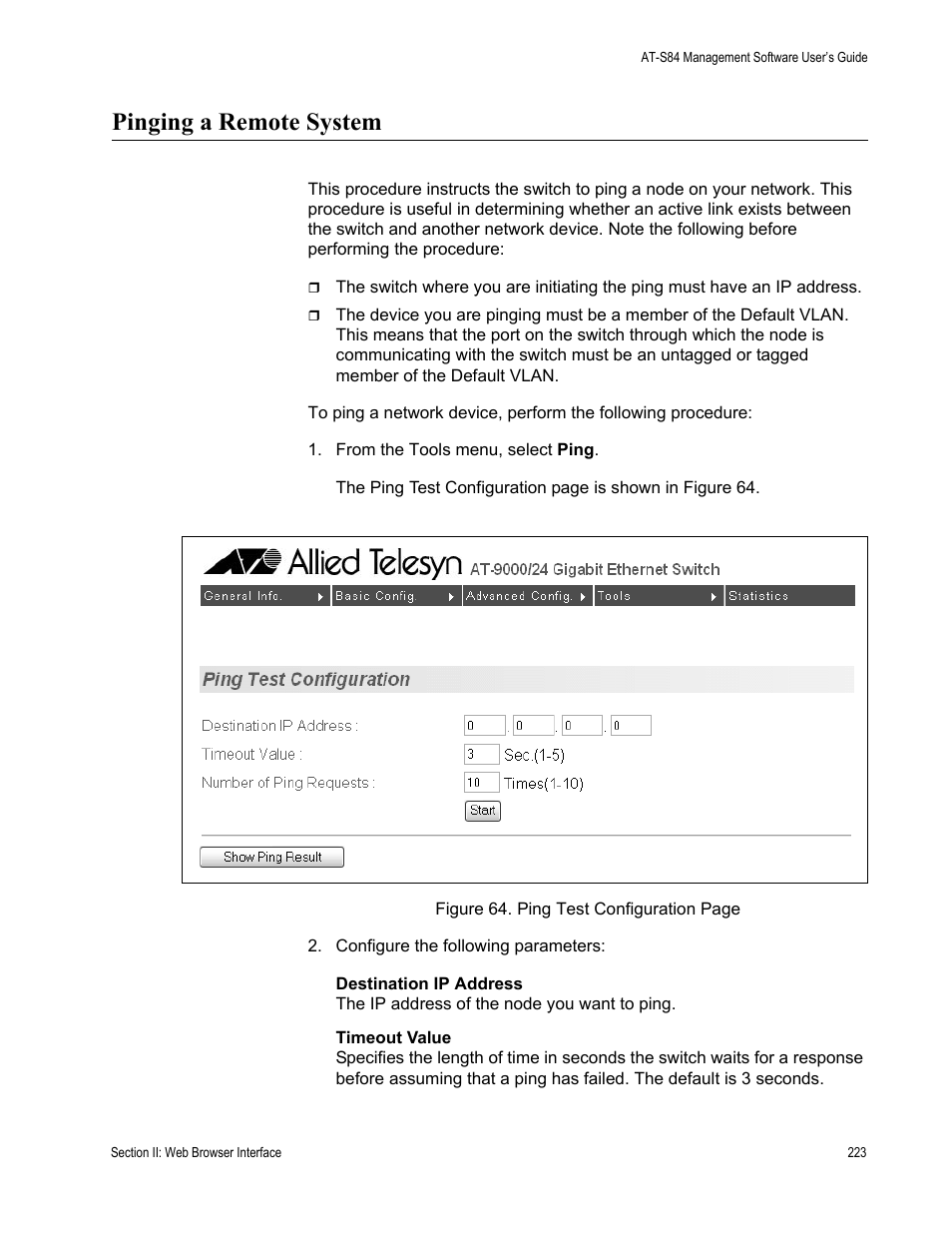 Pinging a remote system | Allied Telesis AT-S84 User Manual | Page 223 / 334