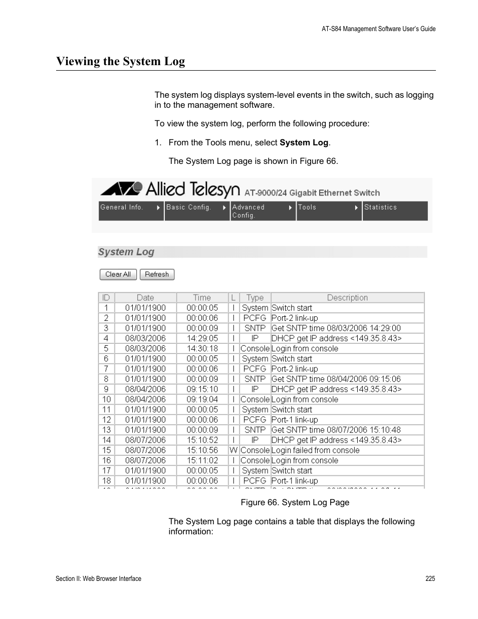 Viewing the system log | Allied Telesis AT-S84 User Manual | Page 225 / 334