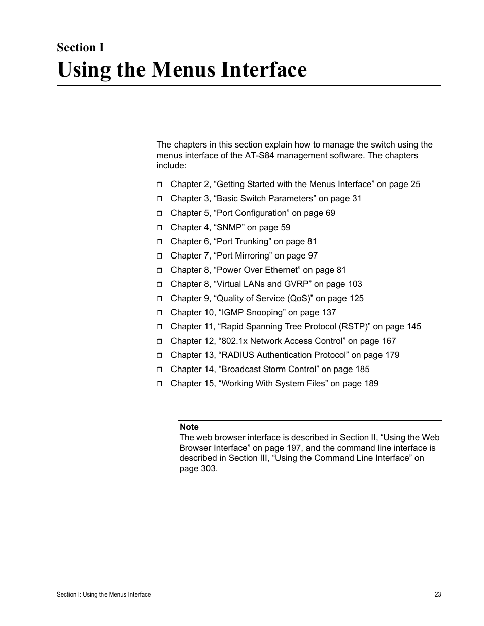 Section i, Using the menus interface, Section i: using the menus interface | Allied Telesis AT-S84 User Manual | Page 23 / 334