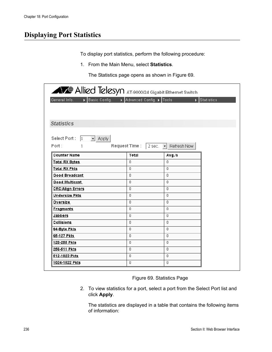 Displaying port statistics | Allied Telesis AT-S84 User Manual | Page 236 / 334