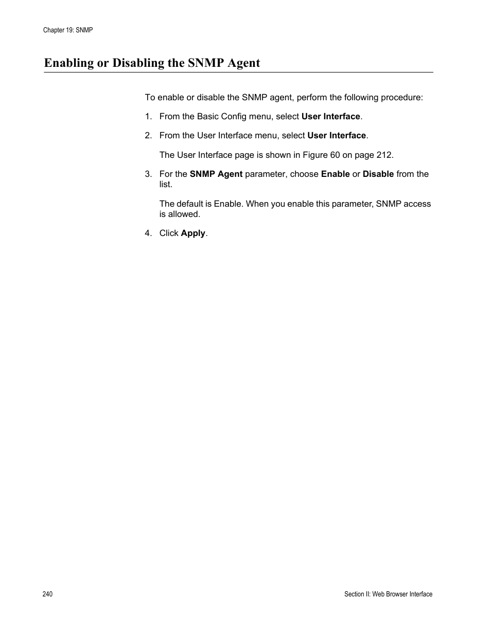 Enabling or disabling the snmp agent | Allied Telesis AT-S84 User Manual | Page 240 / 334