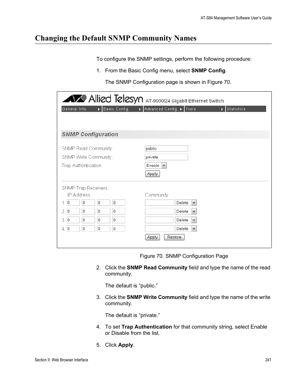 Changing the default snmp community names | Allied Telesis AT-S84 User Manual | Page 241 / 334