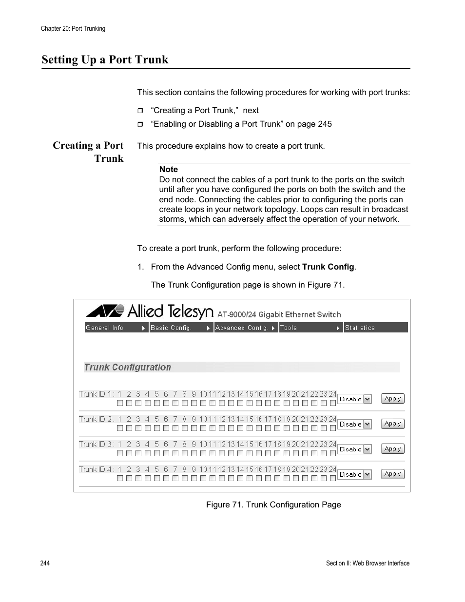 Setting up a port trunk, Creating a port trunk | Allied Telesis AT-S84 User Manual | Page 244 / 334