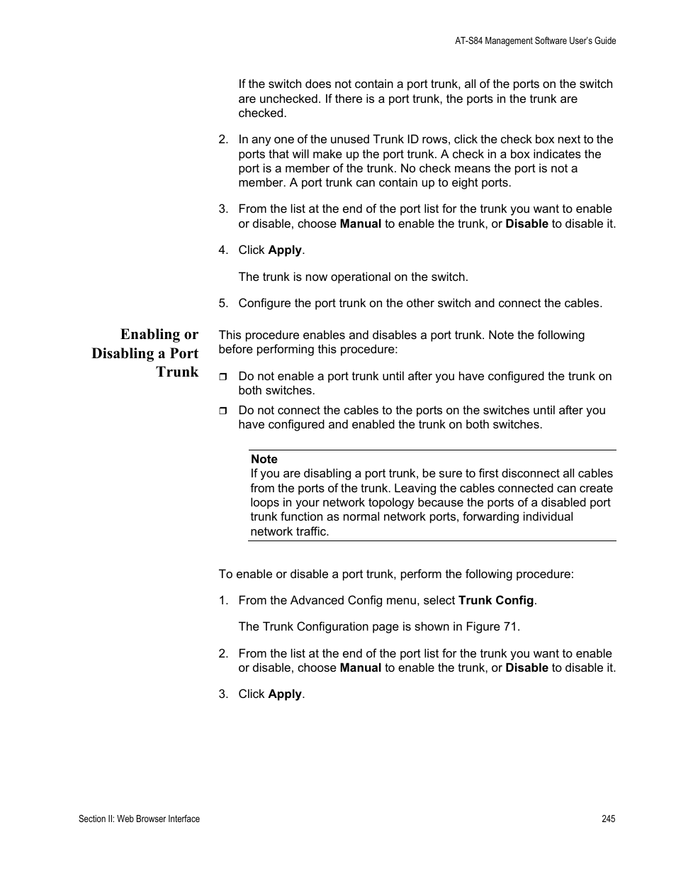 Enabling or disabling a port trunk | Allied Telesis AT-S84 User Manual | Page 245 / 334