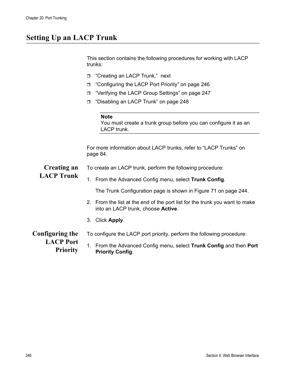 Setting up an lacp trunk, Creating an lacp trunk, Configuring the lacp port priority | Allied Telesis AT-S84 User Manual | Page 246 / 334