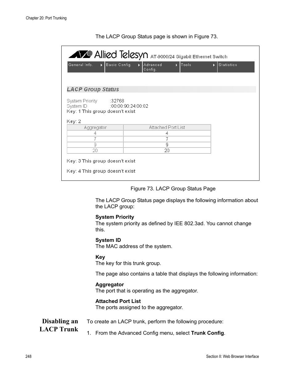 Disabling an lacp trunk | Allied Telesis AT-S84 User Manual | Page 248 / 334