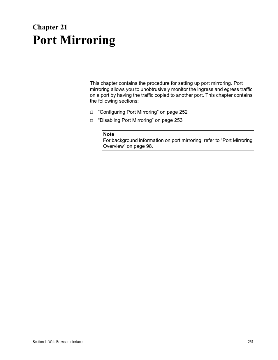 Chapter 21, Port mirroring, Chapter 21: port mirroring | Allied Telesis AT-S84 User Manual | Page 251 / 334