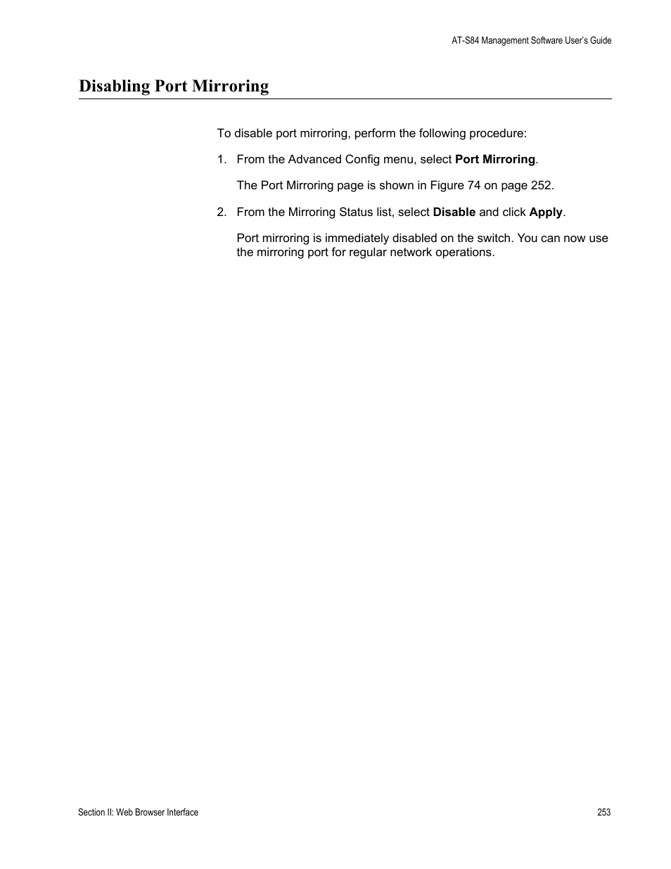 Disabling port mirroring | Allied Telesis AT-S84 User Manual | Page 253 / 334