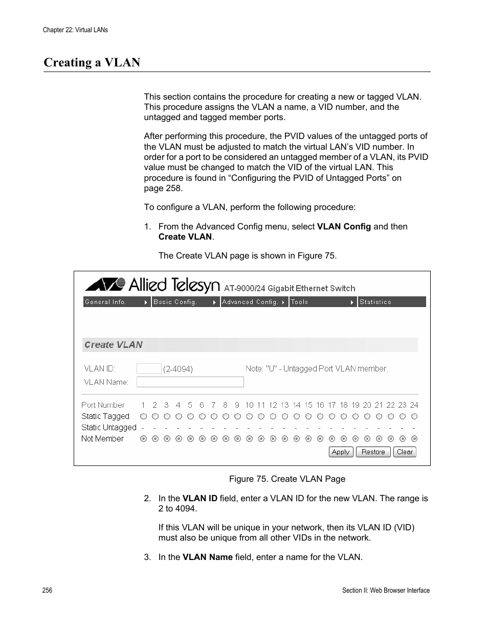 Creating a vlan | Allied Telesis AT-S84 User Manual | Page 256 / 334