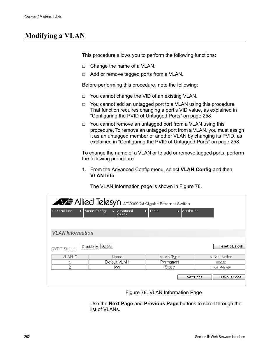 Modifying a vlan | Allied Telesis AT-S84 User Manual | Page 262 / 334
