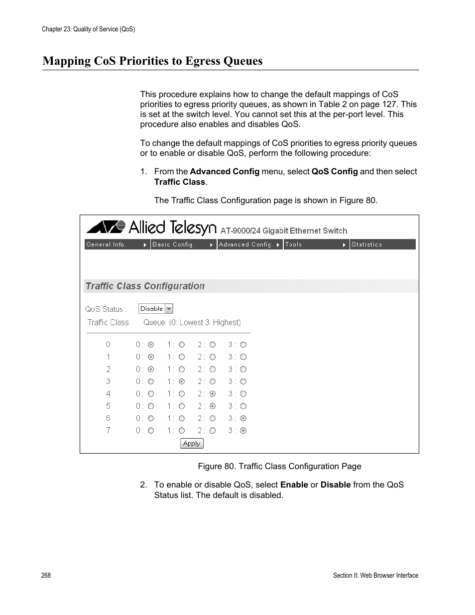 Mapping cos priorities to egress queues | Allied Telesis AT-S84 User Manual | Page 268 / 334