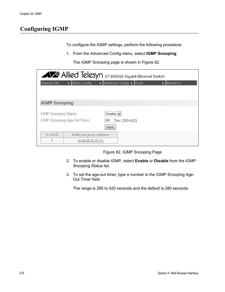 Configuring igmp | Allied Telesis AT-S84 User Manual | Page 274 / 334