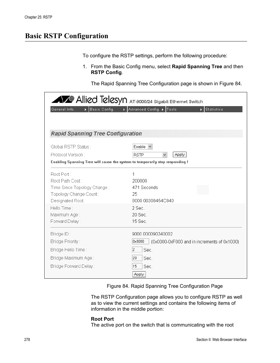 Basic rstp configuration | Allied Telesis AT-S84 User Manual | Page 278 / 334
