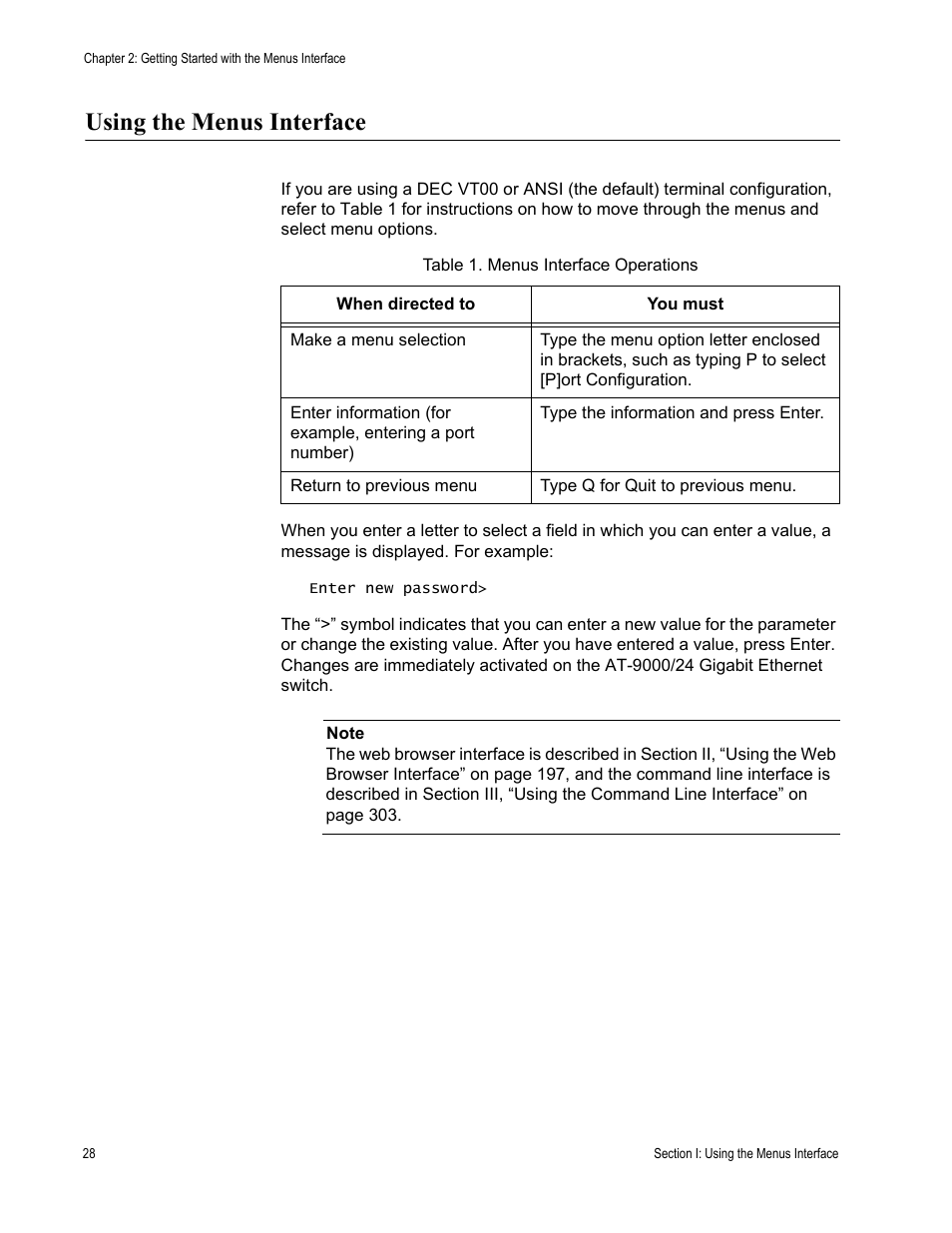 Using the menus interface | Allied Telesis AT-S84 User Manual | Page 28 / 334