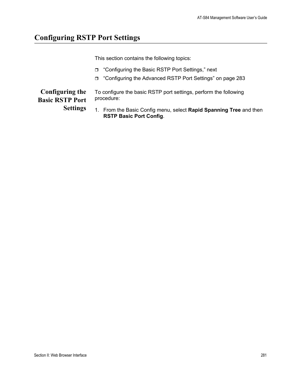 Configuring rstp port settings, Configuring the basic rstp port settings | Allied Telesis AT-S84 User Manual | Page 281 / 334