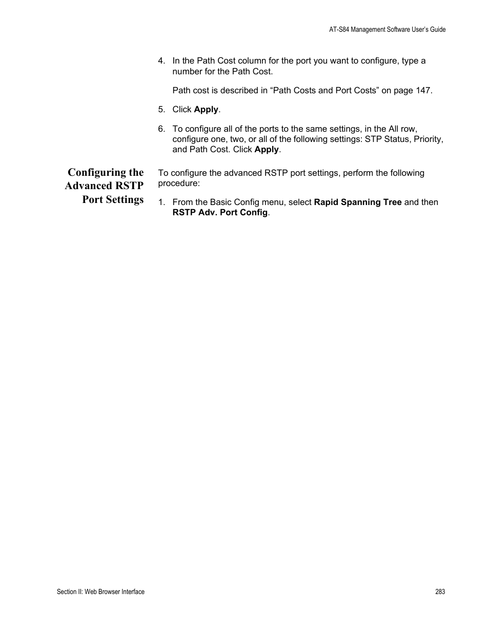 Configuring the advanced rstp port settings | Allied Telesis AT-S84 User Manual | Page 283 / 334