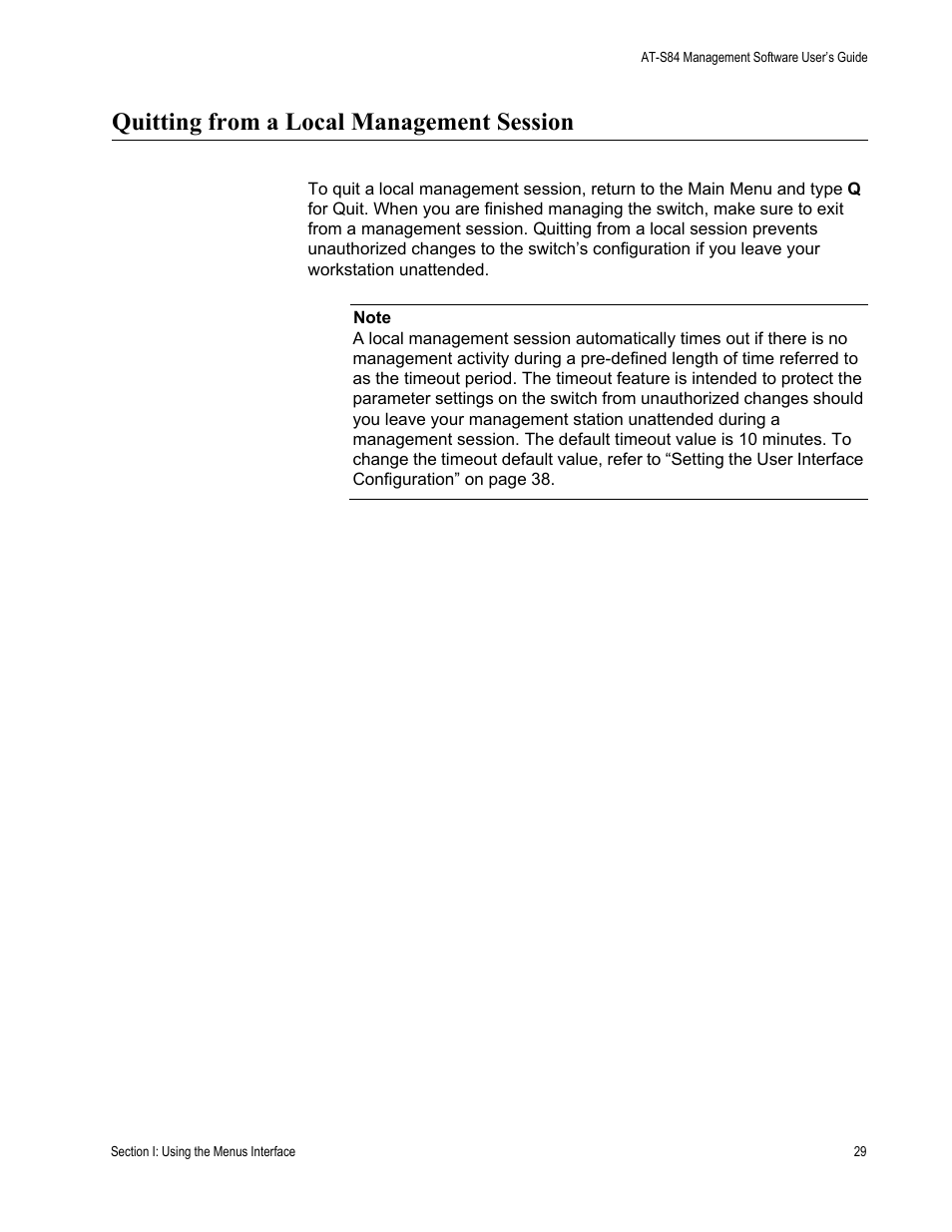 Quitting from a local management session | Allied Telesis AT-S84 User Manual | Page 29 / 334