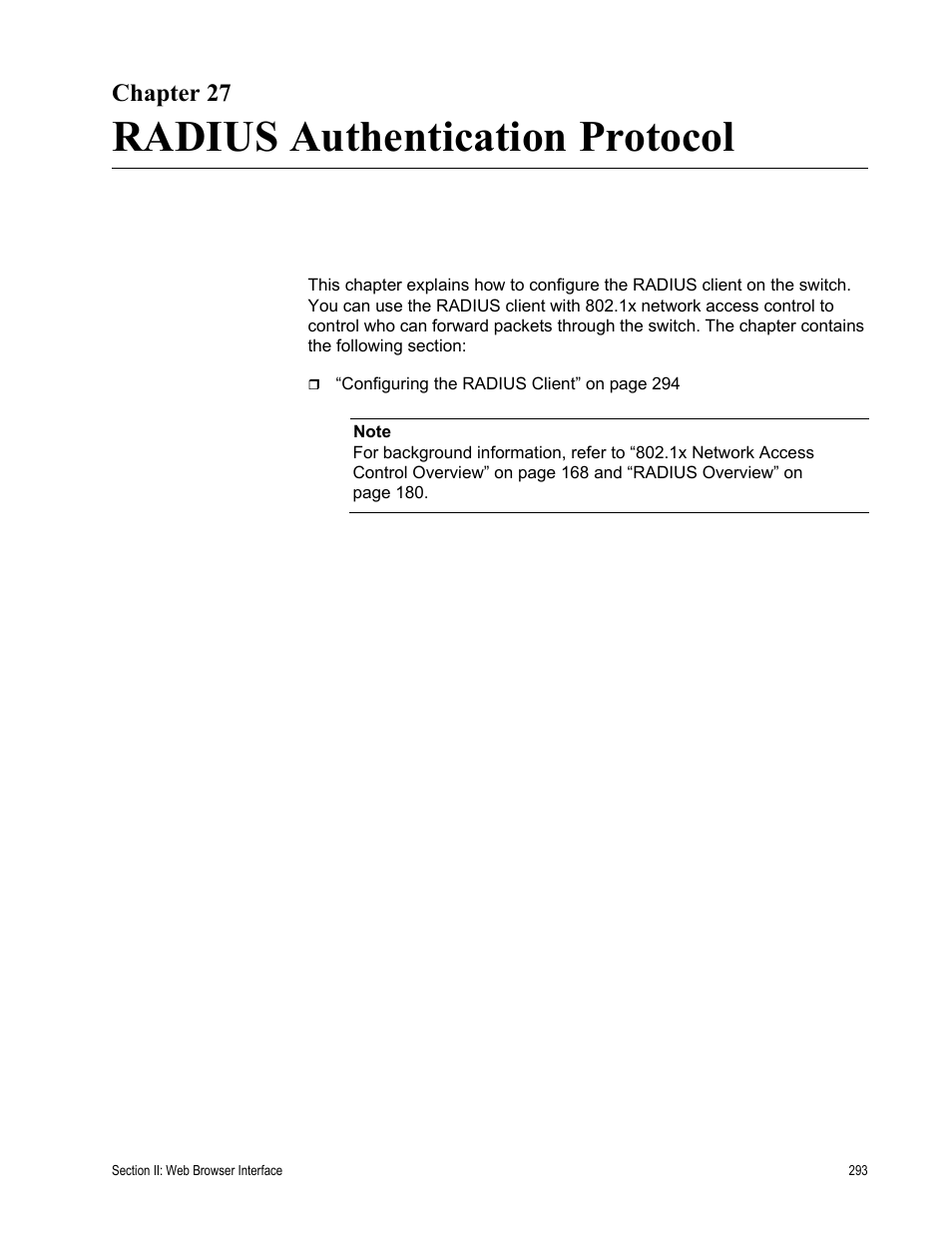 Chapter 27, Radius authentication protocol, Chapter 27: radius authentication protocol | Allied Telesis AT-S84 User Manual | Page 293 / 334