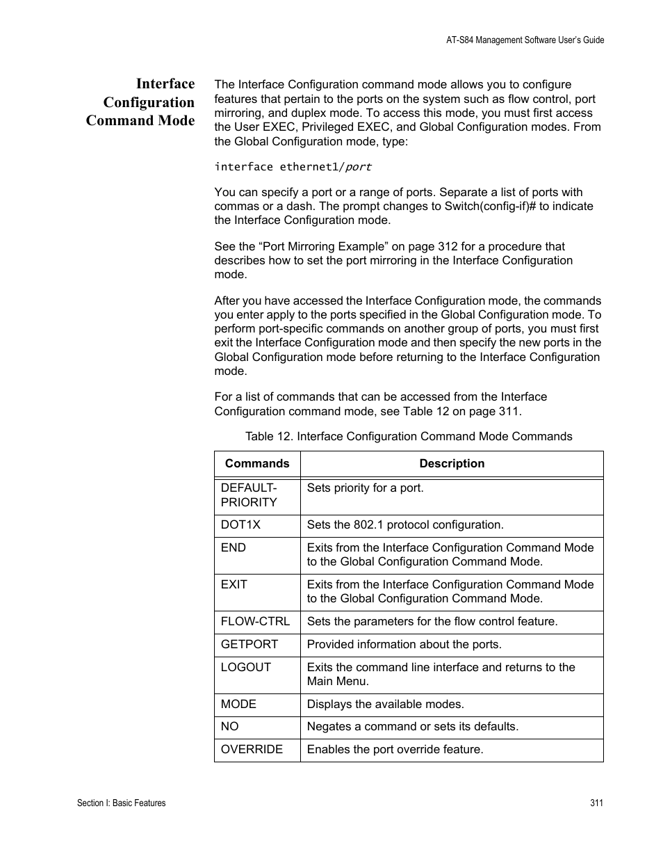 Interface configuration command mode | Allied Telesis AT-S84 User Manual | Page 311 / 334