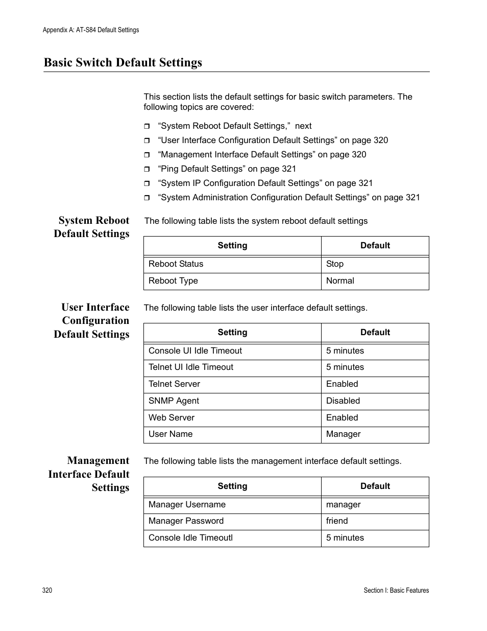 Basic switch default settings, System reboot default settings, User interface configuration default settings | Management interface default settings | Allied Telesis AT-S84 User Manual | Page 320 / 334