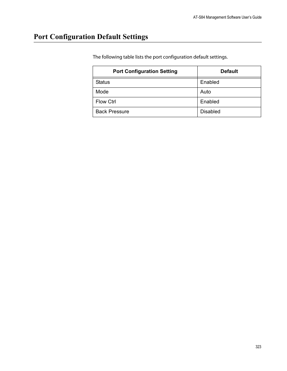 Port configuration default settings | Allied Telesis AT-S84 User Manual | Page 323 / 334