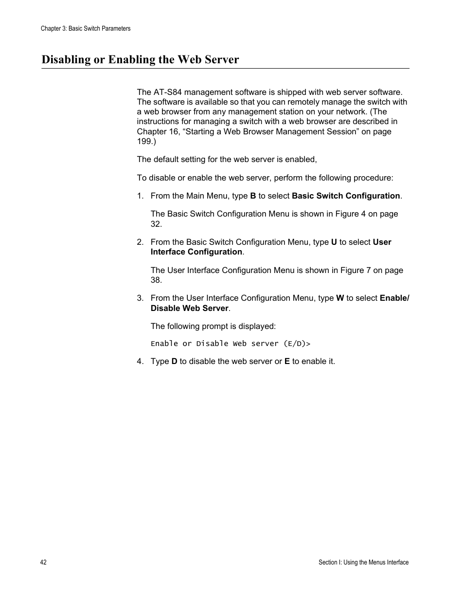 Disabling or enabling the web server | Allied Telesis AT-S84 User Manual | Page 42 / 334