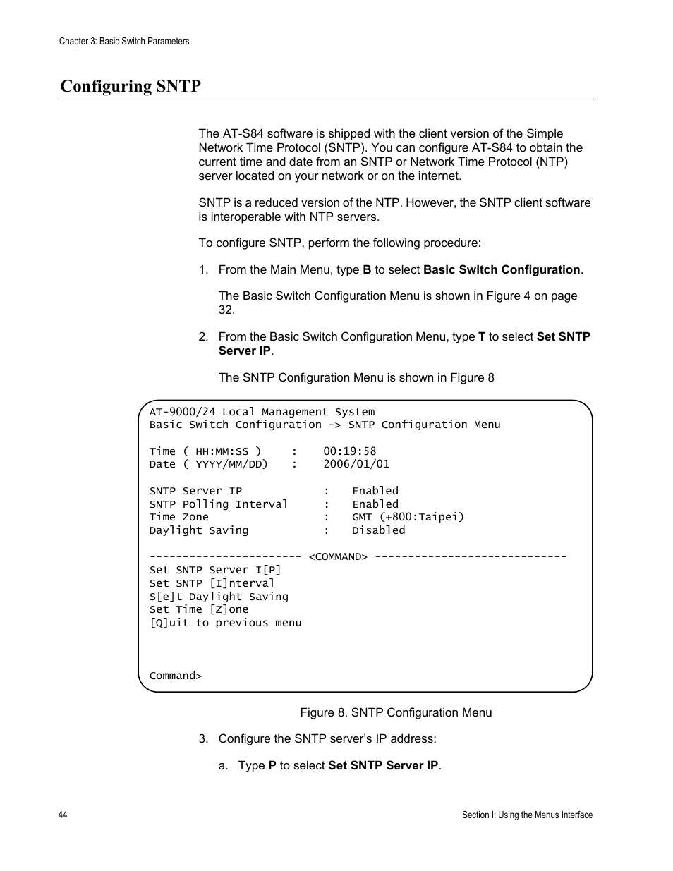 Configuring sntp | Allied Telesis AT-S84 User Manual | Page 44 / 334
