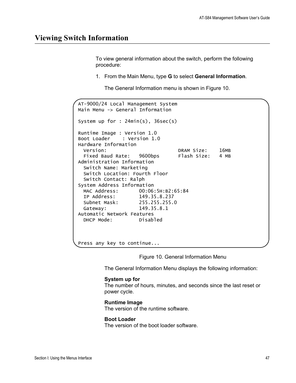 Viewing switch information | Allied Telesis AT-S84 User Manual | Page 47 / 334