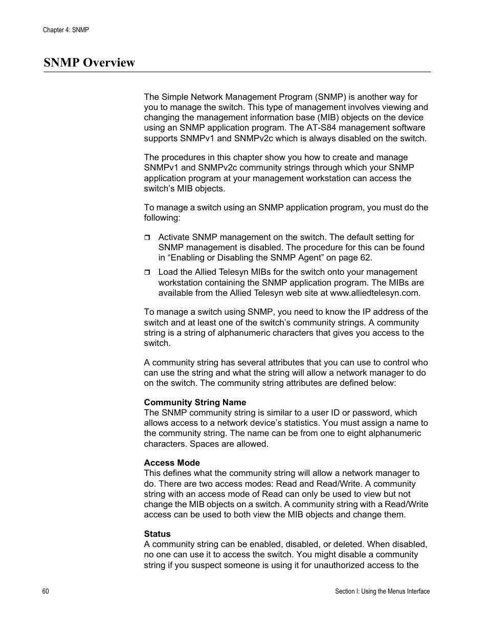 Snmp overview | Allied Telesis AT-S84 User Manual | Page 60 / 334