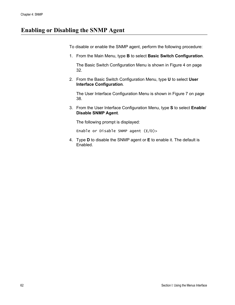 Enabling or disabling the snmp agent | Allied Telesis AT-S84 User Manual | Page 62 / 334