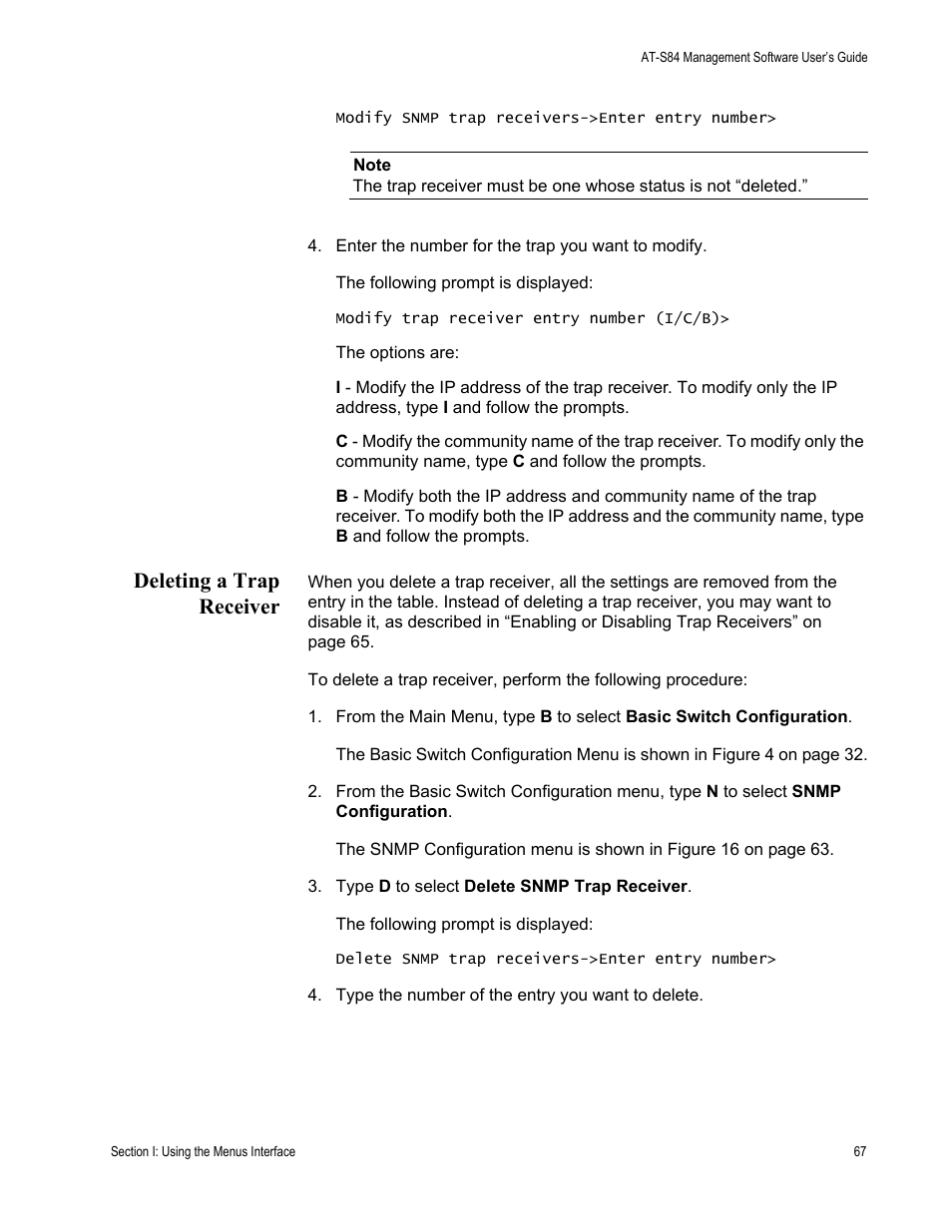 Deleting a trap receiver | Allied Telesis AT-S84 User Manual | Page 67 / 334