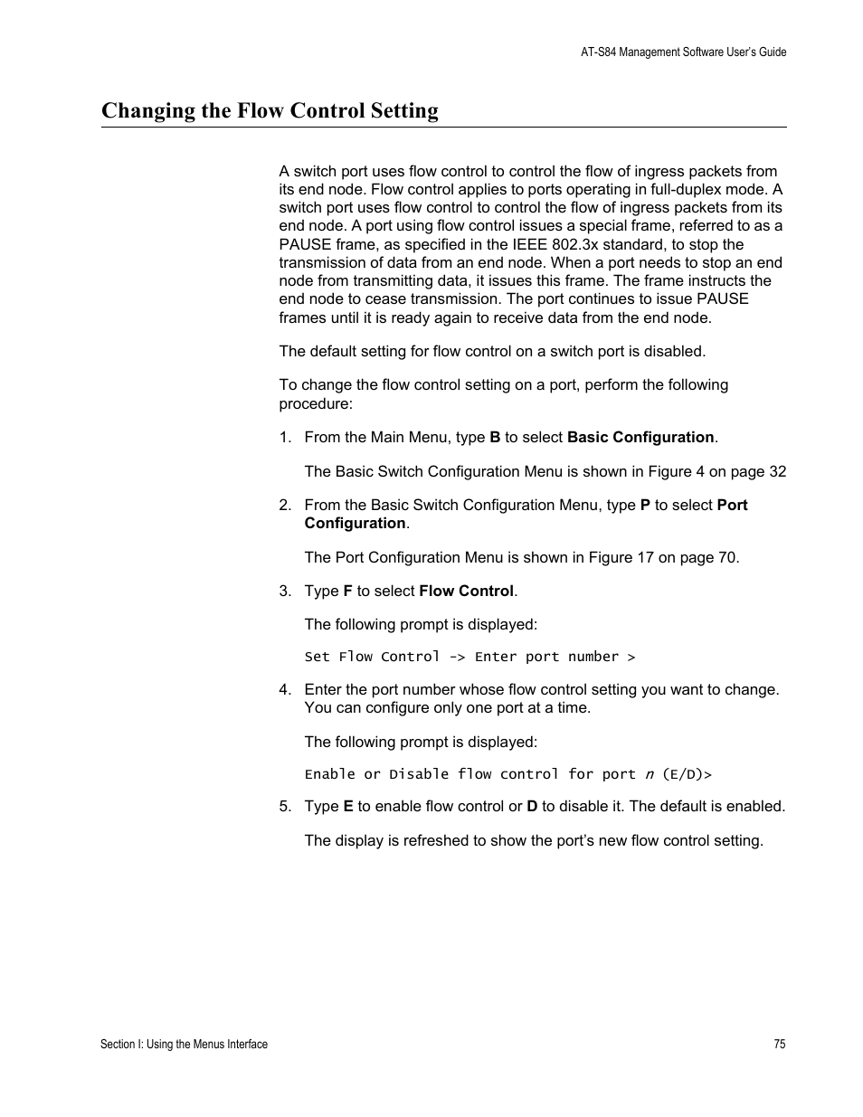 Changing the flow control setting | Allied Telesis AT-S84 User Manual | Page 75 / 334
