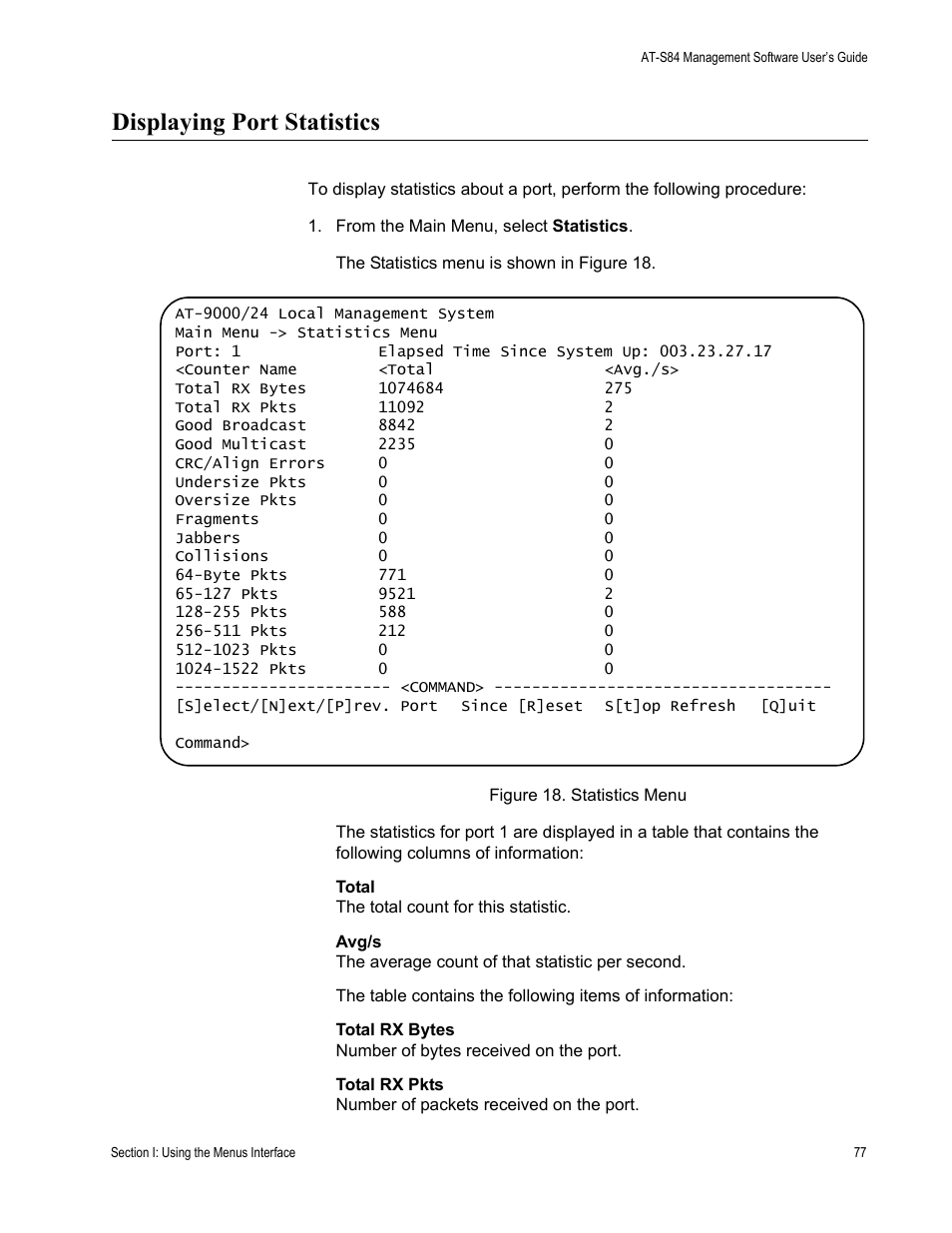 Displaying port statistics | Allied Telesis AT-S84 User Manual | Page 77 / 334