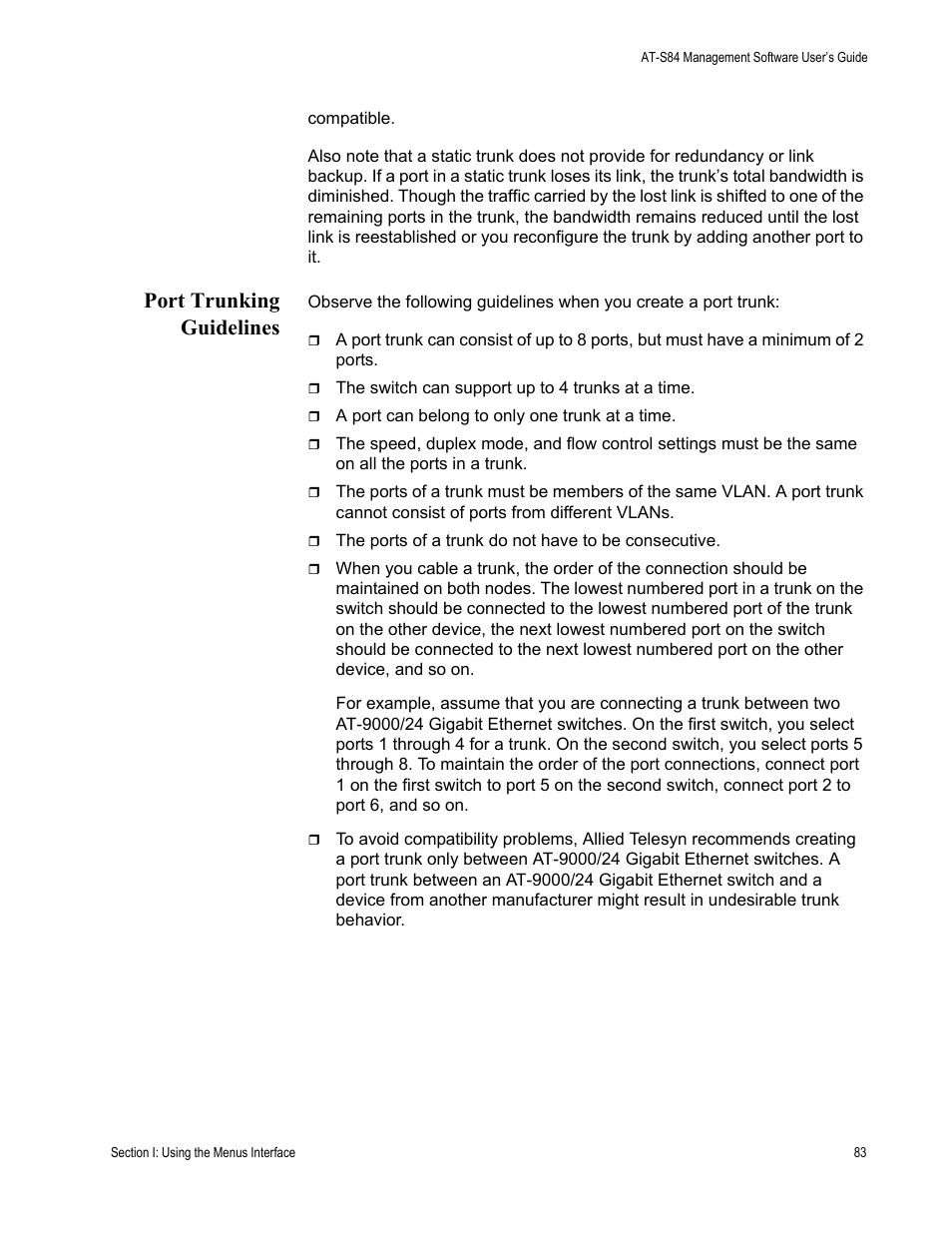 Port trunking guidelines | Allied Telesis AT-S84 User Manual | Page 83 / 334