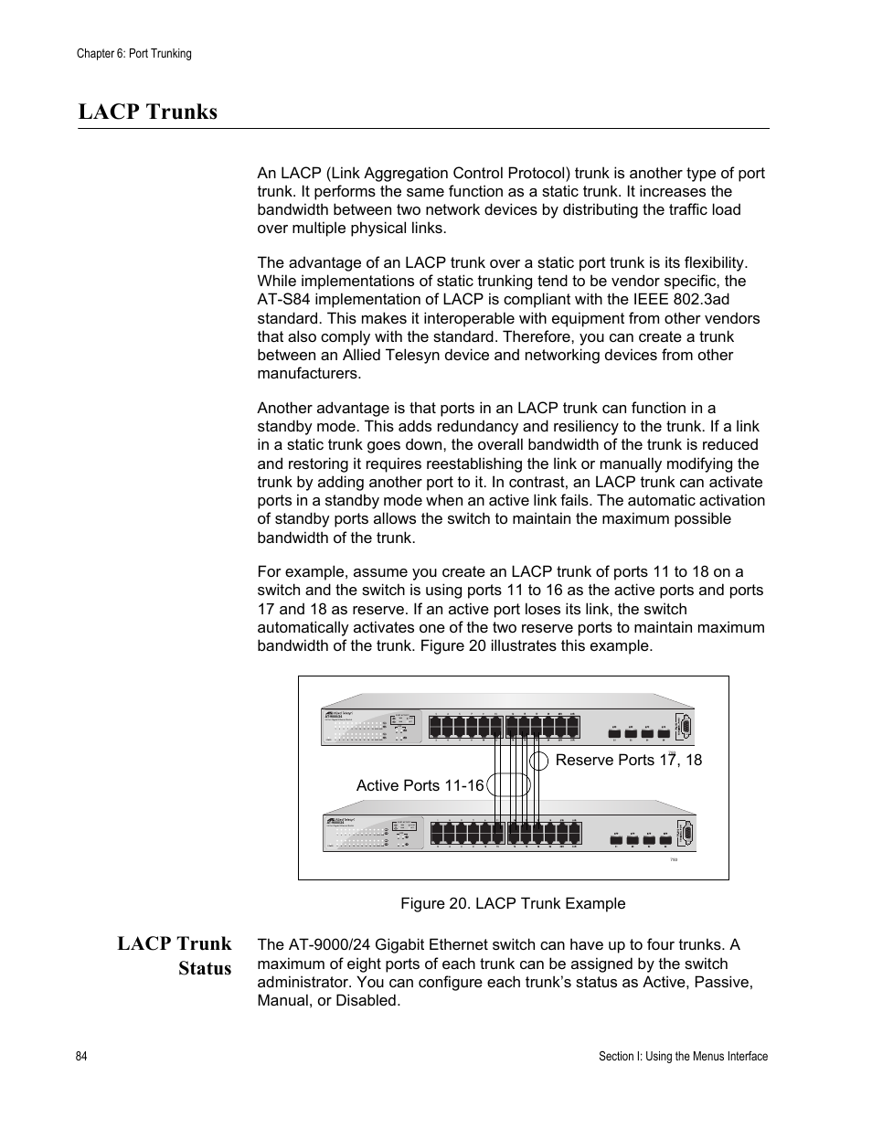 Lacp trunks, Lacp trunk status | Allied Telesis AT-S84 User Manual | Page 84 / 334