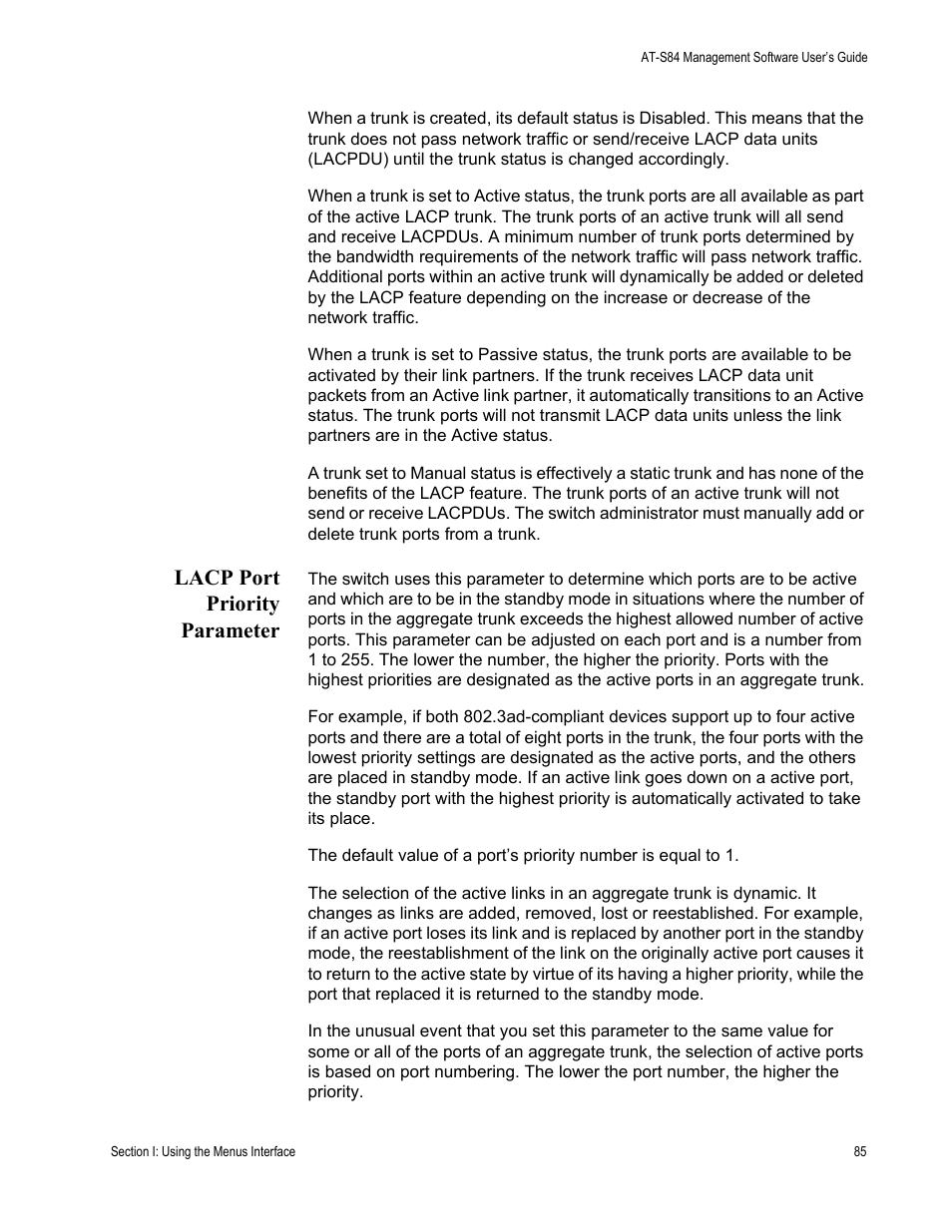 Lacp port priority parameter | Allied Telesis AT-S84 User Manual | Page 85 / 334